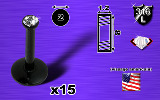 15 labret acier 316l anodise noir - 1.2x8 - strass serti cristal 2mm - vissage interne