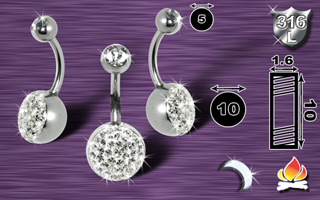 lot de 3 bananes acier 316 l - 1.6x10 - boule inferieure 10mm multi strass cristal - . boule superieure 5 mm avec strass serti