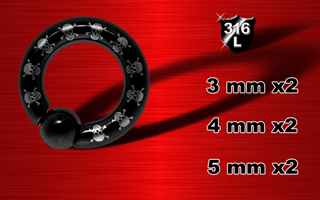 lot de 6 bcr acier 316 anodise noir - logo pirate grave au laser (double face) - boule clipable a la main.(systeme a ressort)