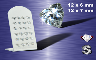 Presentoir de 24 boucle d'oreille zironc cristal griffe (12 paires) en coeur - argent 925 - 6 et 7 mm