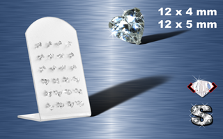 Presentoir de 24 boucle d'oreille zironc cristal griffe (12 paires) en coeur - argent 925 - 4 et 5 mm