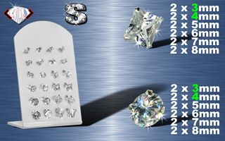 Presentoir de 24 boucle d'oreille zironc cristal griffe (12 paires) carre et rond- argent 925 - de 3 a 8 mm
