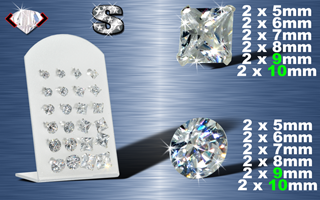 Presentoir de 24 boucle d'oreille zironc cristal griffe (12 paires) carre et rond- argent 925 - de 5 a 10 mm