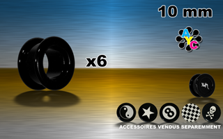 lot de 6 flesh tunnel acrylic noir - 10 mm. des pastilles avec logo sont vendues separemmement.