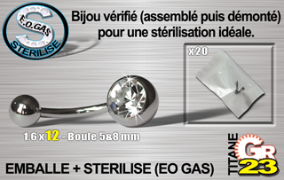 lot de 5 bananes tit. gr23 - 1 strass - 1.6 x 12 mm - boule 5&8 mm - emballe individuellement - sterilise. mentions au dos du sachet : matiere du bijou, date de peremption - type de sterilisation