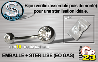 lot de 10 bananes tit. gr23 - double strass - 1.6 x 10 mm - boule 5&8 mm - emballe individuellement - sterilise. mentions au dos du sachet : matiere du bijou - date de peremption - type de sterilisation