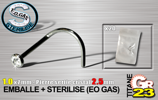 lot de 10 nose studs tit. gr23 - strass serti 2.5mm - 1.0 x 7 mm - emballe individuellement - sterilise. mentions au dos du sachet : matiere du bijou - date de peremption - type de sterilisation