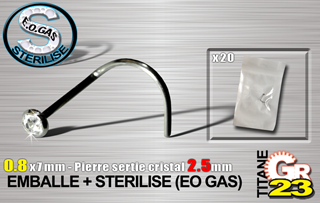 lot de 10 nose studs tit. gr23 - strass serti 2.5mm - 0.8 x 7 mm - emballe individuellement - sterilise. mentions au dos du sachet : matiere du bijou - date de peremption - type de sterilisation