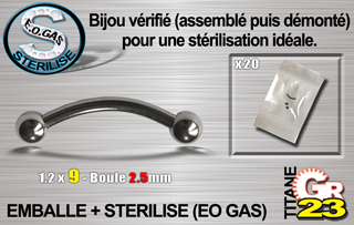 lot de 10 bananes tit. gr23 - 1.2 x 9 mm - boule 2.5mm - emballe individuellement - sterilise. mentions au dos du sachet : matiere du bijou - date de peremption - type de sterilisation