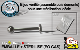 lot de 10 labret tit. gr23 (nouv.conditionnement) - 1.2 x 9 mm - boule 3mm - emballe individuellement - sterilise. mentions au dos du sachet : matiere du bijou - date de peremption - type de sterilisation