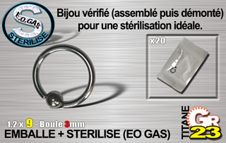 lot de 5 anneaux tit. gr23 - 1.2 x 9 mm - boule 3mm titane- emballe individuellement - sterilise. mentions au dos du sachet : matiere du bijou - date de peremption - type de sterilisation