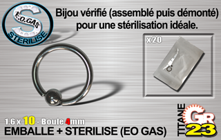 lot de 10 anneaux tit. gr23 (nouv. conditionnement) - 1.6 x 10 mm - boule 4mm titane- emballe individuellement - sterilise. mentions au dos du sachet : matiere du bijou - date de peremption - type de sterilisation