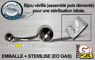 lot de 10 bananes tit. gr23 - 1.6 x 10 mm - boule 5&8 mm - emballe individuellement - sterilise. mentions au dos du sachet : matiere du bijou - date de peremption - type de sterilisation