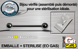 lot de 10 barbell tit. gr23 (nouveau conditionnement)- 1.6 x 18 mm - boules 5mm - emballe individuellement - sterilise. mentions au dos du sachet : matiere du bijou - date de peremption - type de sterilisation