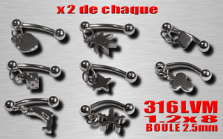 lot de 16 microbananes acier 316 - 1.2 x 8 - boules 2.5 mm - logos identiques a la photo