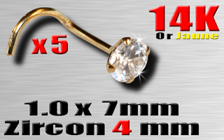 lot de 5 nose studs 1.0 x 7 en or 14 k - cristal zirconium 4 mm serti - 0.21 Gr