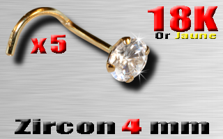 lot de 5 nose studs 1.0 x 7 en or 18 k - cristal zirconium 4 mm serti - 0.21 Gr
