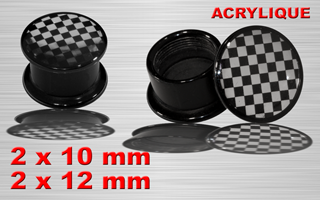 lot de 4 plugs boite acrylique - logo damier miroir - protection acrylique translucide - 10 et 12 mm