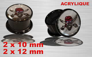 lot de 4 plugs boite acrylique - logo pirate miroir - protection acrylique translucide - 10 et 12 mm