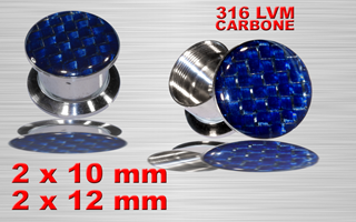 lot de 4 plugs boite acier 316 - logo tressage carbone bleu - protection acrylique translucide - 10 et 12 mm
