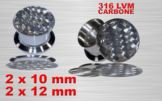 lot de 4 plugs boite acier 316 - logo tressage carbone nacre - protection acrylique translucide - 10 et 12 mm