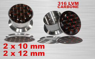 lot de 4 plugs boite acier 316 - logo tressage carbone rouge - protection acrylique translucide - 10 et 12 mm