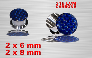 lot de 4 plugs boite acier 316 - logo tressage carbone bleu - protection acrylique translucide - 6 et 8 mm