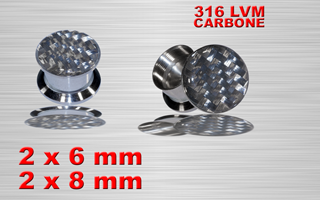 lot de 4 plugs boite acier 316 - logo tressage carbone nacre - protection acrylique translucide - 6 et 8 mm