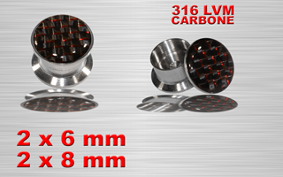 lot de 4 plugs boite acier 316 - logo tressage carbone rouge - protection acrylique translucide - 6 et 8 mm