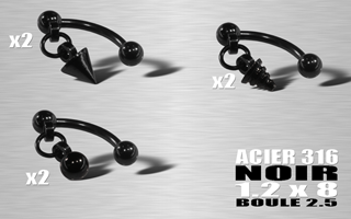 lot de 6 micro bananes acier 316 anodise noir avec logo pendentif - 1.2x8 boule 2.5 mm