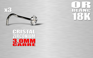 lot de 3 nose studs en or blanc 18 k - cristal carre 3 mm serti - 1.0 x 7 mm - 0.16 Gr