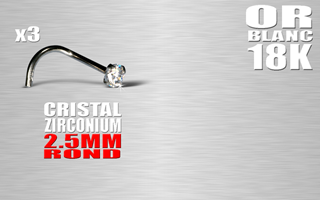 lot de 3 nose studs en or blanc 18 k - cristal rond 2.5 mm serti - 1.0 x 7 mm - 0.12 Gr