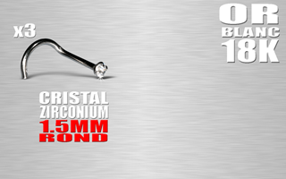 lot de 3 nose studs en or blanc 18 k - cristal rond 1.5 mm serti - 1.0 x 7 mm - 0.11 Gr