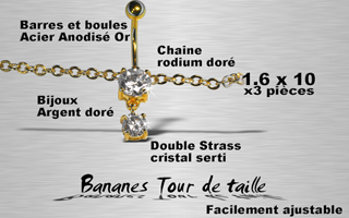 lot de 3 bananes acier + argent + rodium dorees 1.6 x 10 - taille de la chaine facilement ajustable - zircon cristal serti