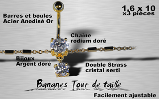 lot de 3 bananes acier + argent + rodium dorees 1.6 x 10 - taille de la chaine facilement ajustable - zircon cristal serti