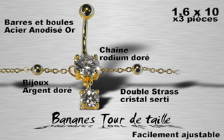 lot de 3 bananes acier dore (base acier 316 + plaquage or) - chaine rodium dorees 3 microns. 1.6 x 10 - taille de la chaine facilement ajustable - zircon cristal serti