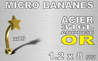 lot de 10 micro bananes etoile acier 1.2 x 8 anodise or - boule 2.5 mm