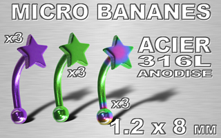 lot de 9 micro bananes acier anodise etoile 1.2 x 8 - boule 2.5 mm