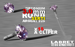 15 accessoires clipable pour labret bioflex et bioplastic - insert arrondi et bague pour un clipage performant. zircon 3.0 mm round griffe argent 925 - amethyste