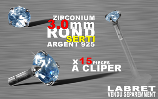 15 accessoires clipable pour labret bioflex et bioplastic - insert arrondi et bague pour un clipage performant. zircon 3.0 mm round griffe argent 925 - aiguemarine