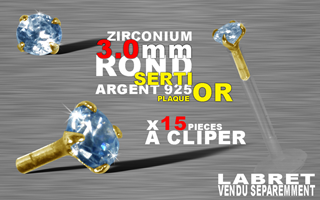 15 accessoires clipable pour labret bioflex et bioplastic - insert arrondi et bague pour un clipage performant. zircon 3.0 mm round griffe argent 925 plaque or 3 microns - aiguemarine