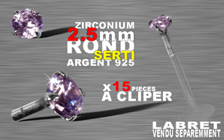 15 accessoires clipable pour labret bioflex et bioplastic - insert arrondi et bague pour un clipage performant. zircon 2.5 mm round griffe argent 925 - amethyste