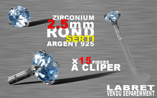 15 accessoires clipable pour labret bioflex et bioplastic - insert arrondi et bague pour un clipage performant. zircon 2.5 mm round griffe argent 925 - aiguemarine