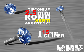 15 accessoires clipable pour labret bioflex et bioplastic - insert arrondi et bague pour un clipage performant. zircon 2.5 mm round griffe argent 925 - bleu