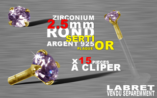 15 accessoires clipable pour labret bioflex et bioplastic - insert arrondi et bague pour un clipage performant. zircon 2.5 mm round griffe argent 925 plaque or 3 microns - amethyste