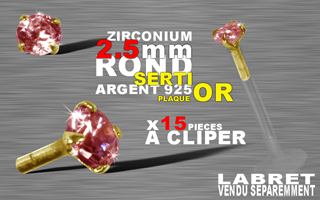 15 accessoires clipable pour labret bioflex et bioplastic - insert arrondi et bague pour un clipage performant. zircon 2.5 mm round griffe argent 925 plaque or 3 microns - rouge vif