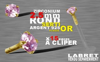 15 accessoires clipable pour labret bioflex et bioplastic - insert arrondi et bague pour un clipage performant. zircon 2.5 mm round griffe argent 925 plaque or 3 microns - rose