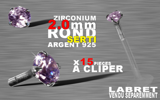 15 accessoires clipable pour labret bioflex et bioplastic - insert arrondi et bague pour un clipage performant. zircon 2.0 mm round griffe argent 925 - amethyste