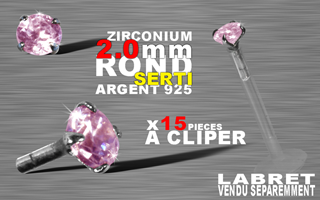 15 accessoires clipable pour labret bioflex et bioplastic - insert arrondi et bague pour un clipage performant. zircon 2.0 mm round griffe argent 925 - rose