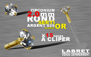 15 accessoires clipable pour labret bioflex et bioplastic - insert arrondi et bague pour un clipage performant. zircon 2.0 mm round griffe argent 925 plaque or 3 microns - cristal